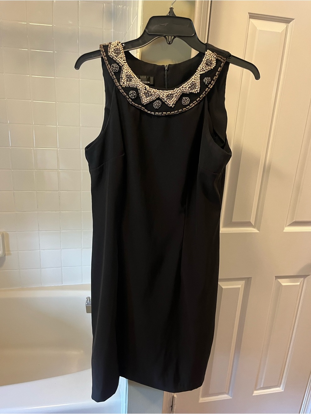 AB Studio Black Sleeveless Knee Length Dress with Beaded Neckline. Size 12.